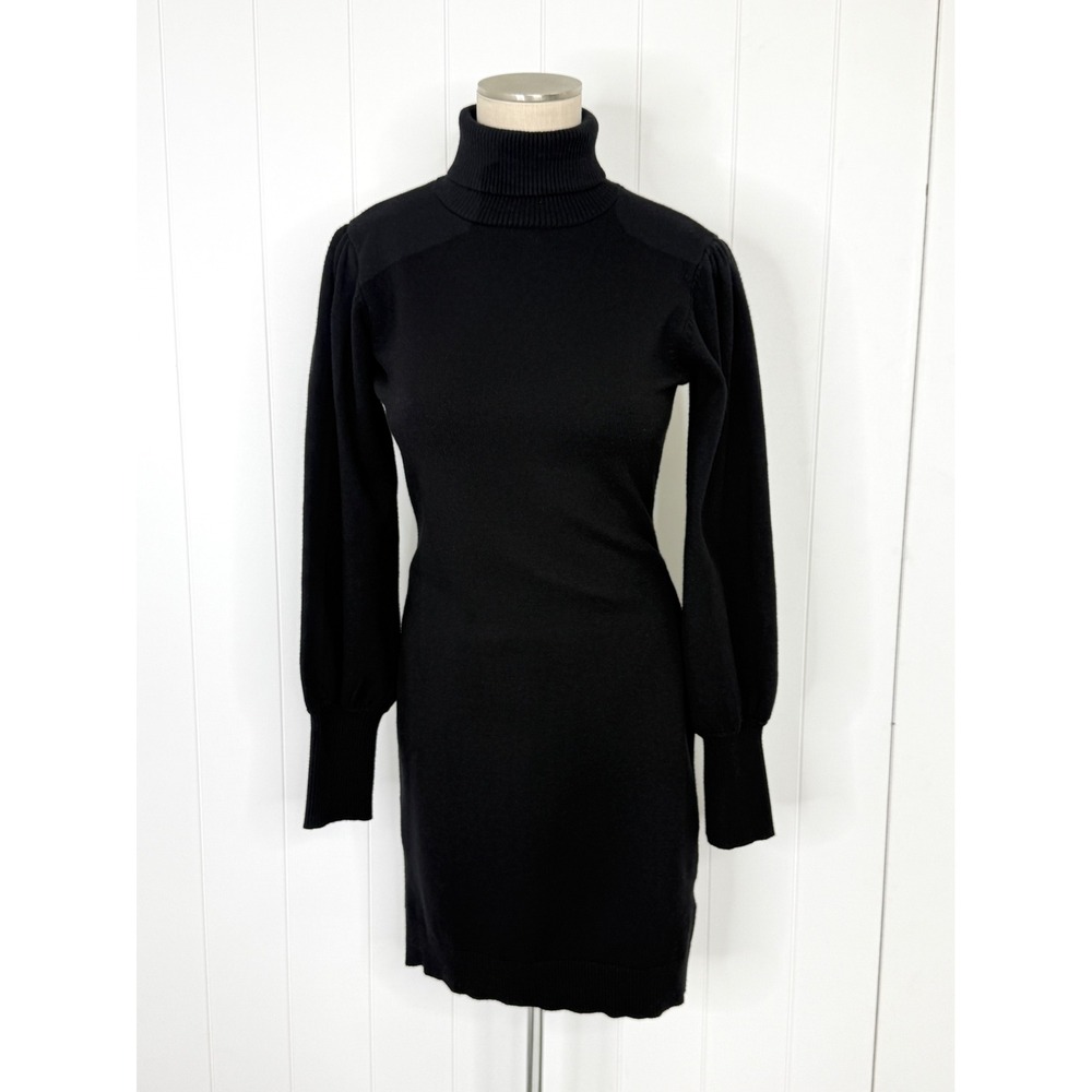 August Sky Turtleneck Sweater Dress Women M Black Puff Sleeve Dark Academia